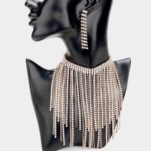 Gold Rhinestone Fringe Chain Necklace Jewelry Sexy Choker Metal Statement Set